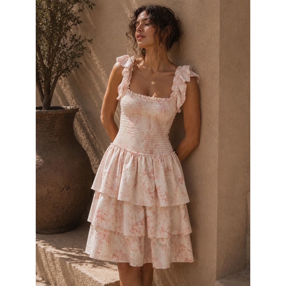 Express Pink Floral Smocked Ruffle Tiered Mini Dress Square Neck Size L Coquette
